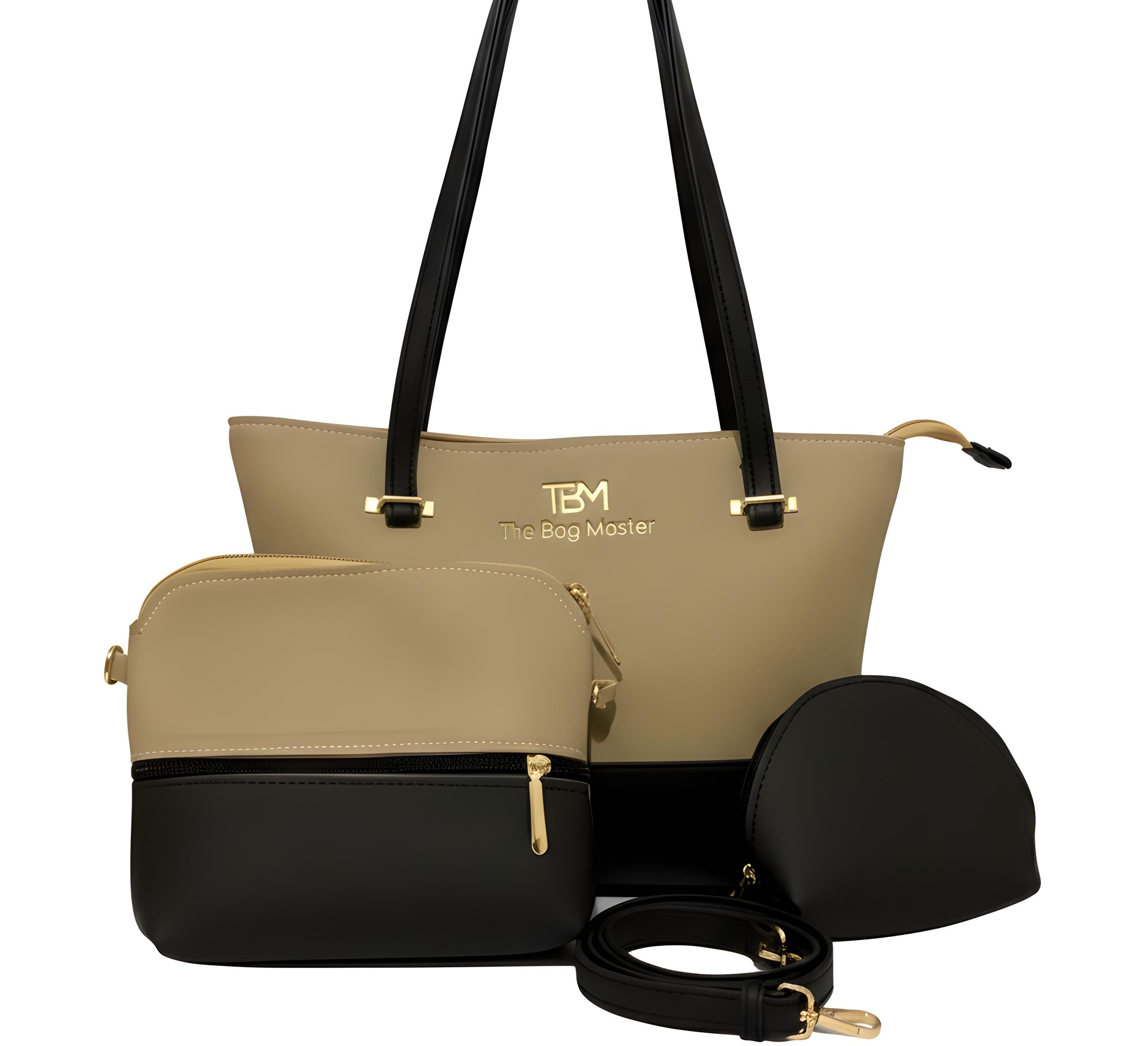 3 Piece set of beige and black handbags with visible brand logo "The Bag Master TBM".