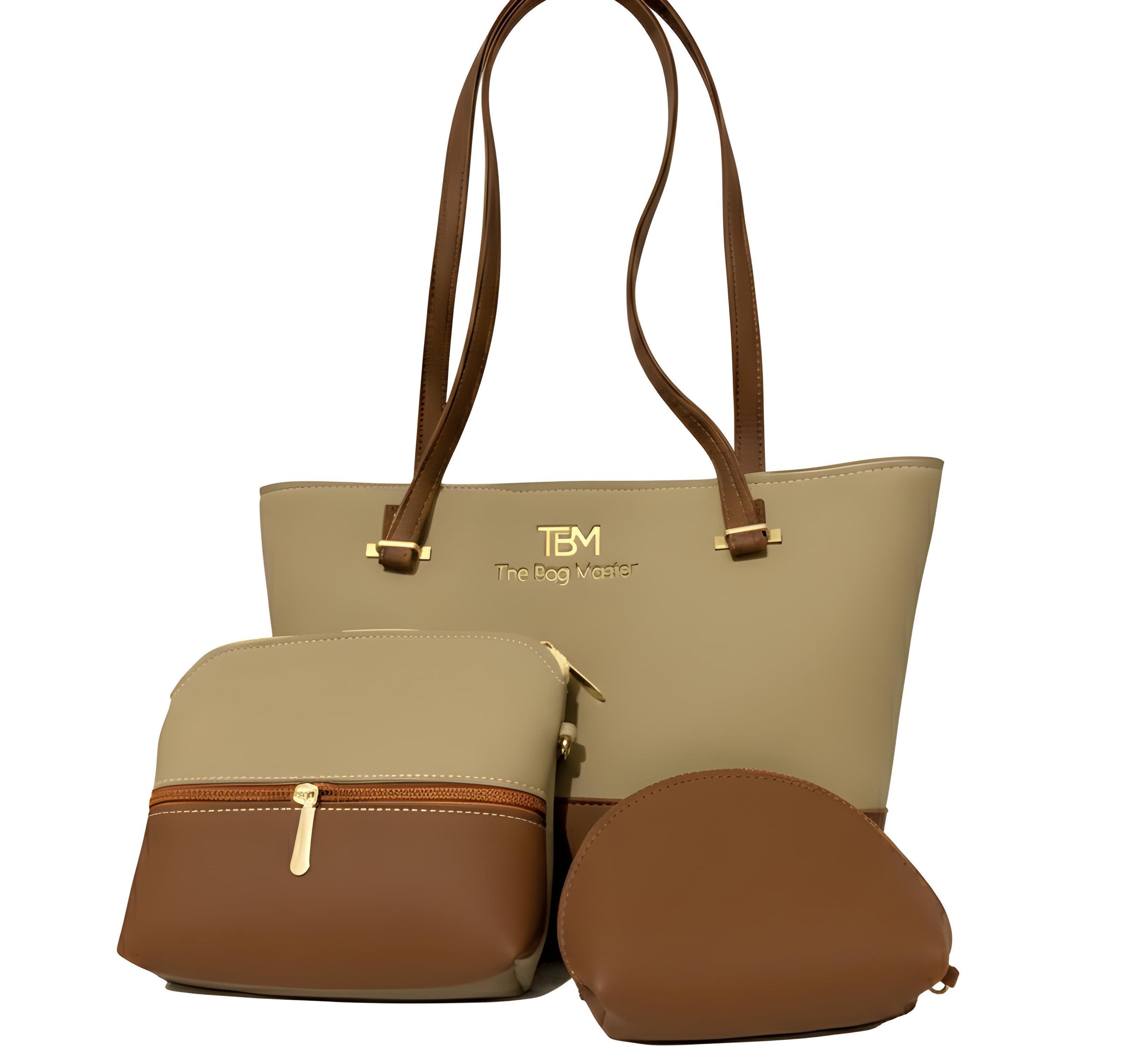 Stylish Beige and brown 3 piece shoulder handbag set with zippered pouch, and coin purse on a white background