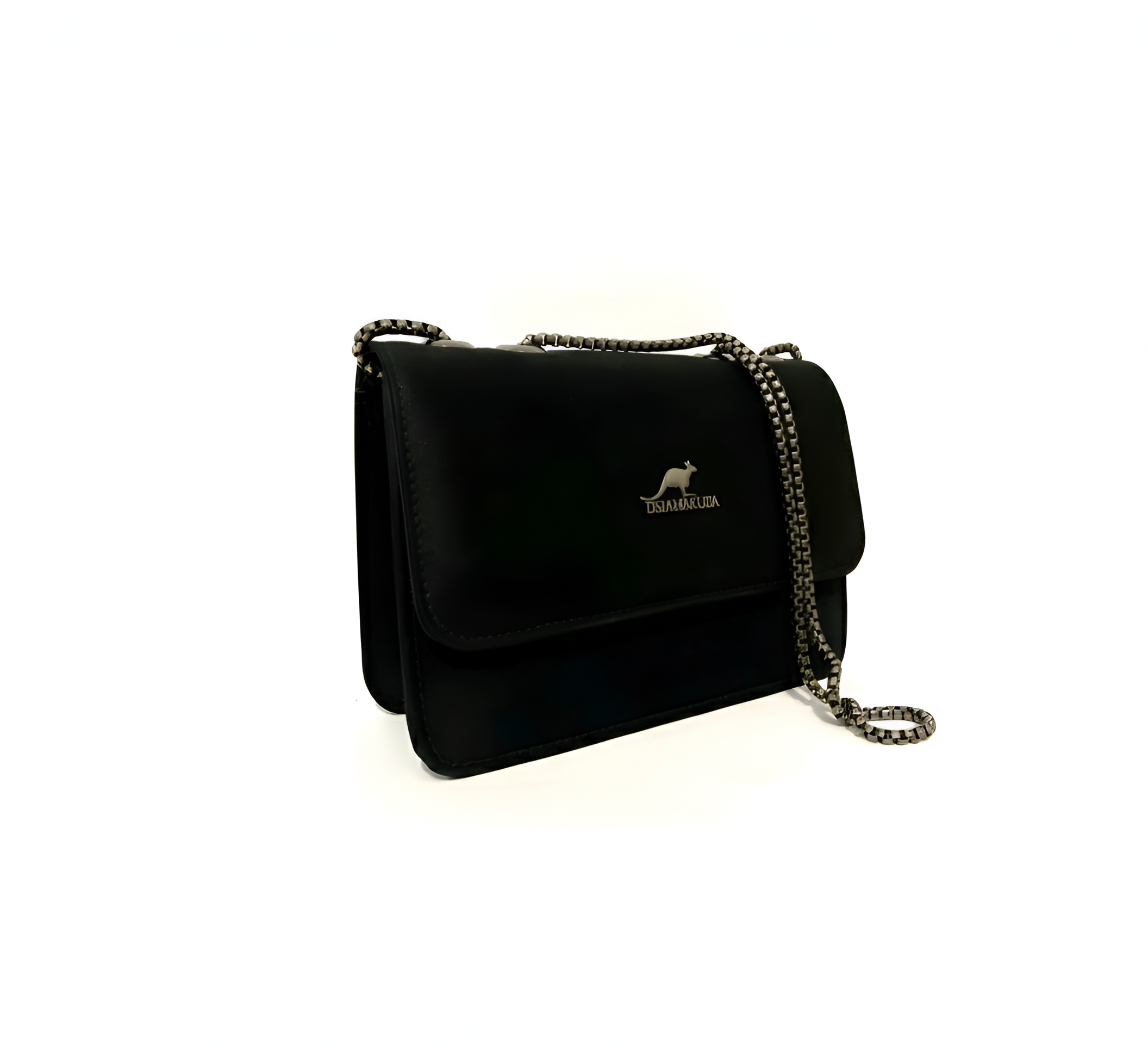 Black crossbody bag for ladies with a silver DSIAHAKULA logo, featuring a chain strap and a sleek, compact design.
