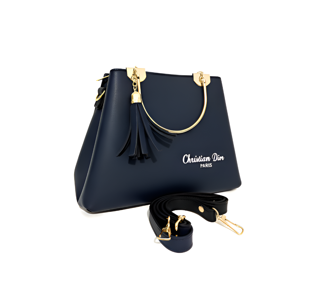 Blue handbag with gold accents and 'Christian Dior' branding on a white background