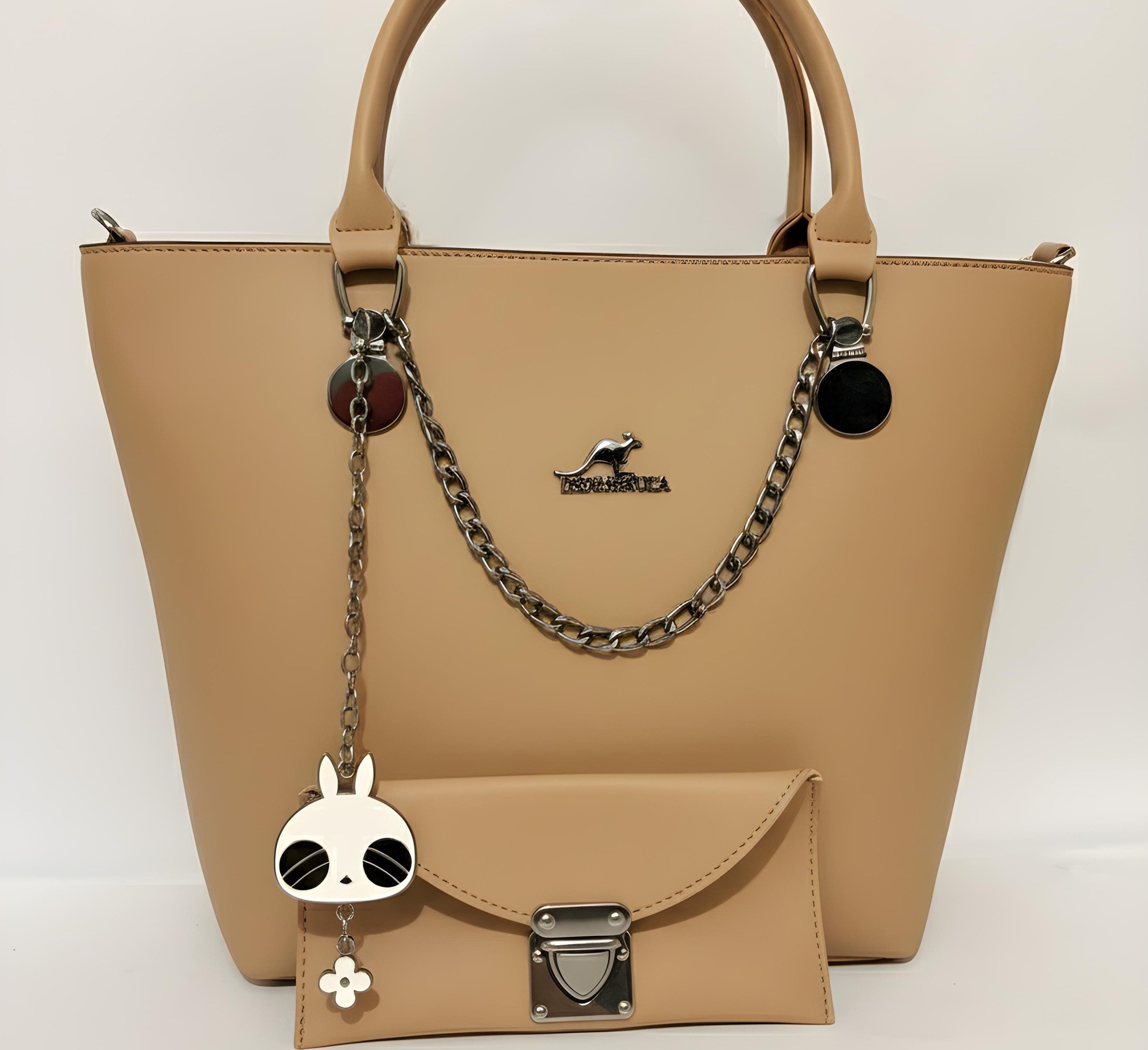 DSIAHAKULA 2 piece beige handbag set for ladies with panda keychain and matching pouch.
