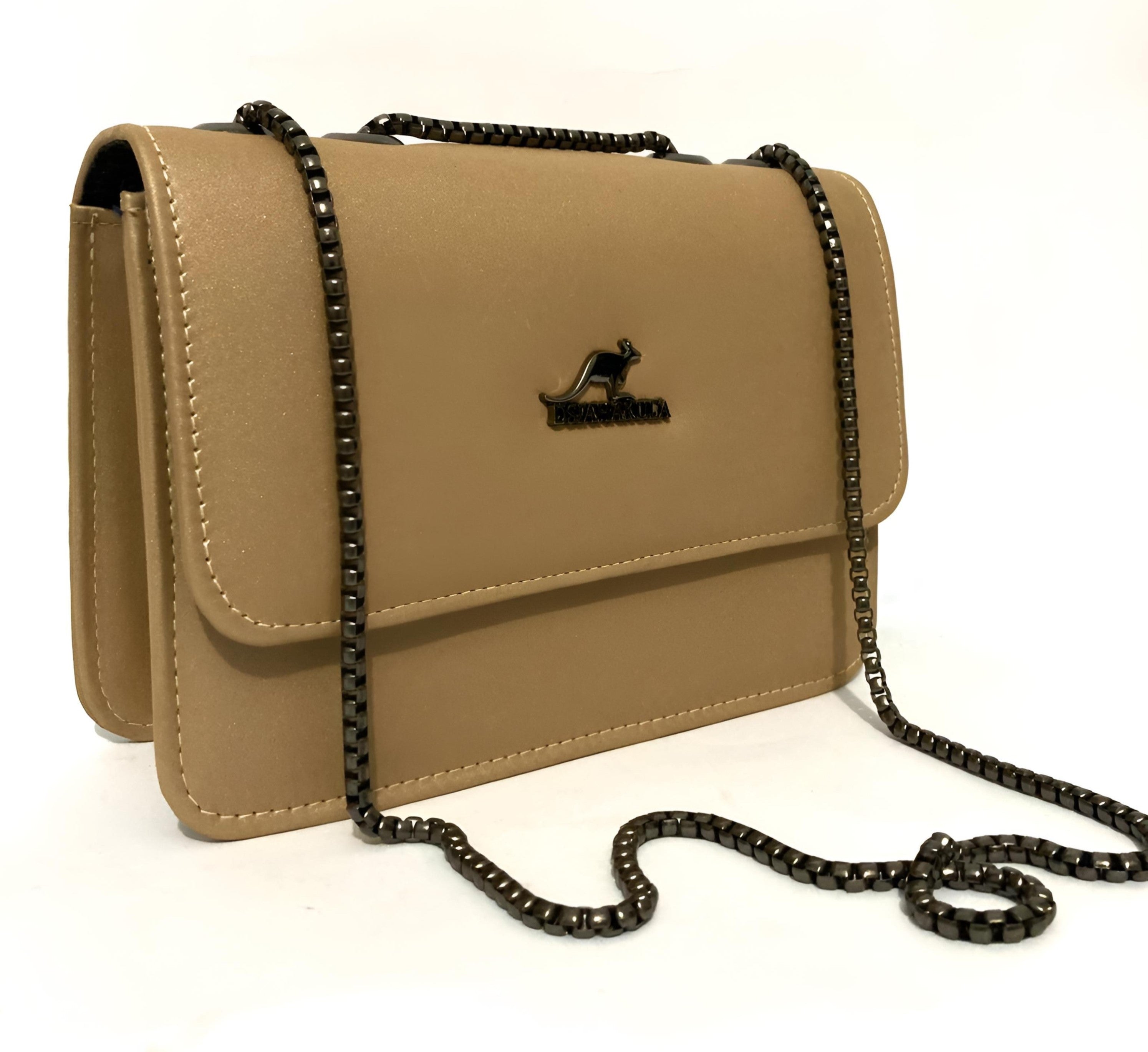 A stylish beige crossbody bag with a DSIAHAKULA logo, featuring a sleek design and a chain strap.
