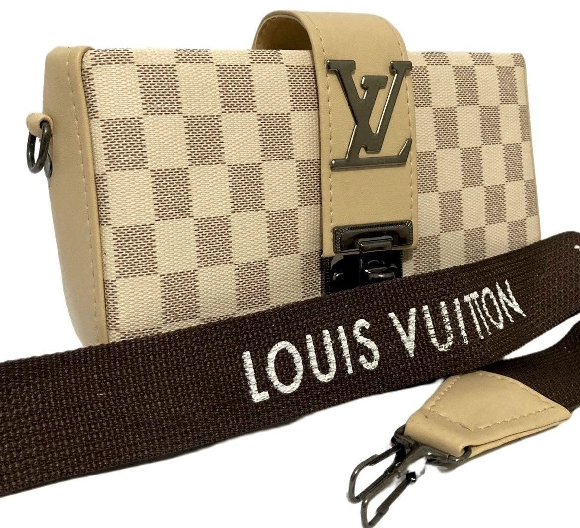 Beige checkered handbag with brown strap featuring 'Louis Vuitton' branding on a white background.