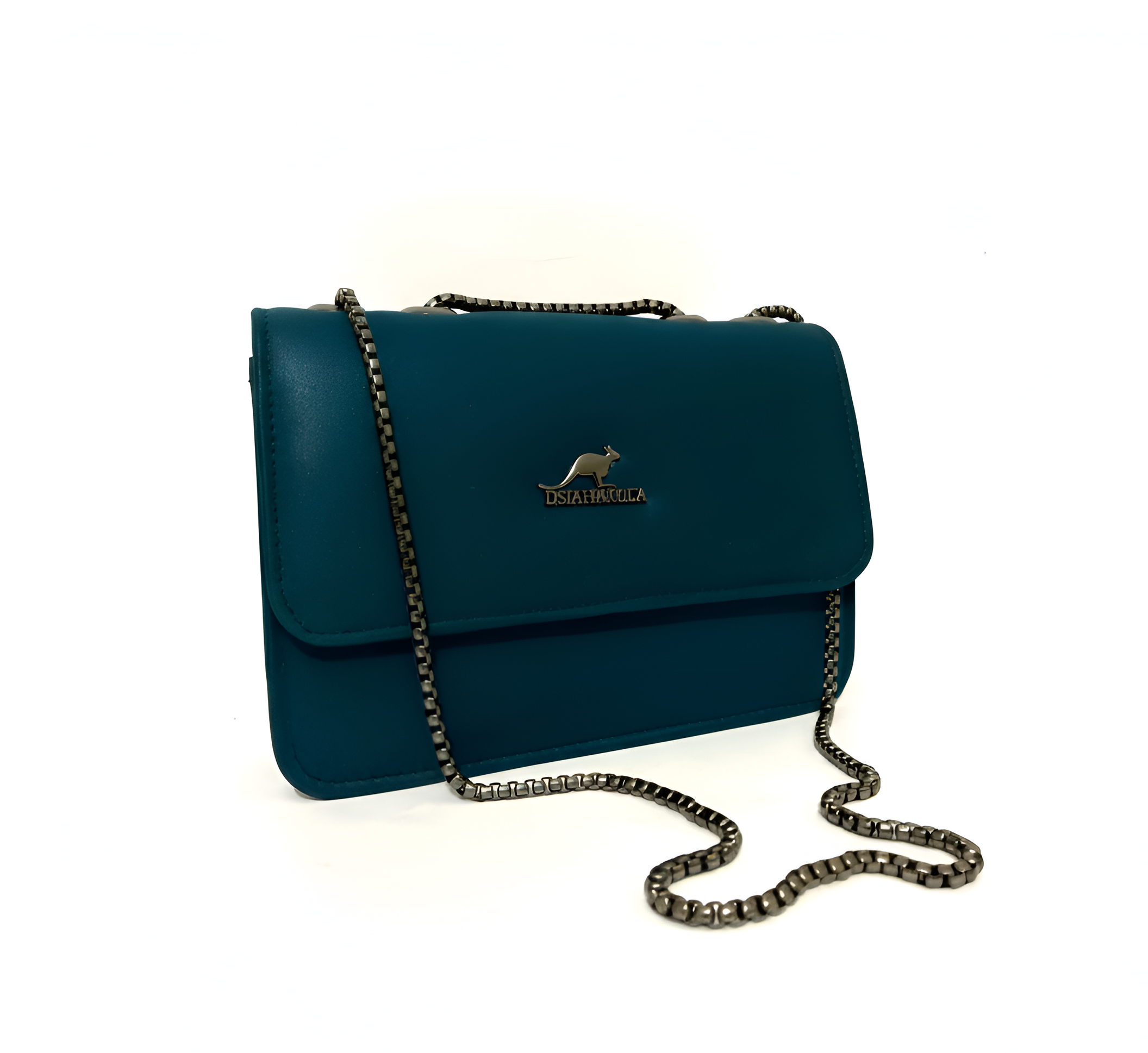 Teal handbag with a silver chain strap, featuring a kangaroo logo and the name "DSIAHAKULA" on the front.