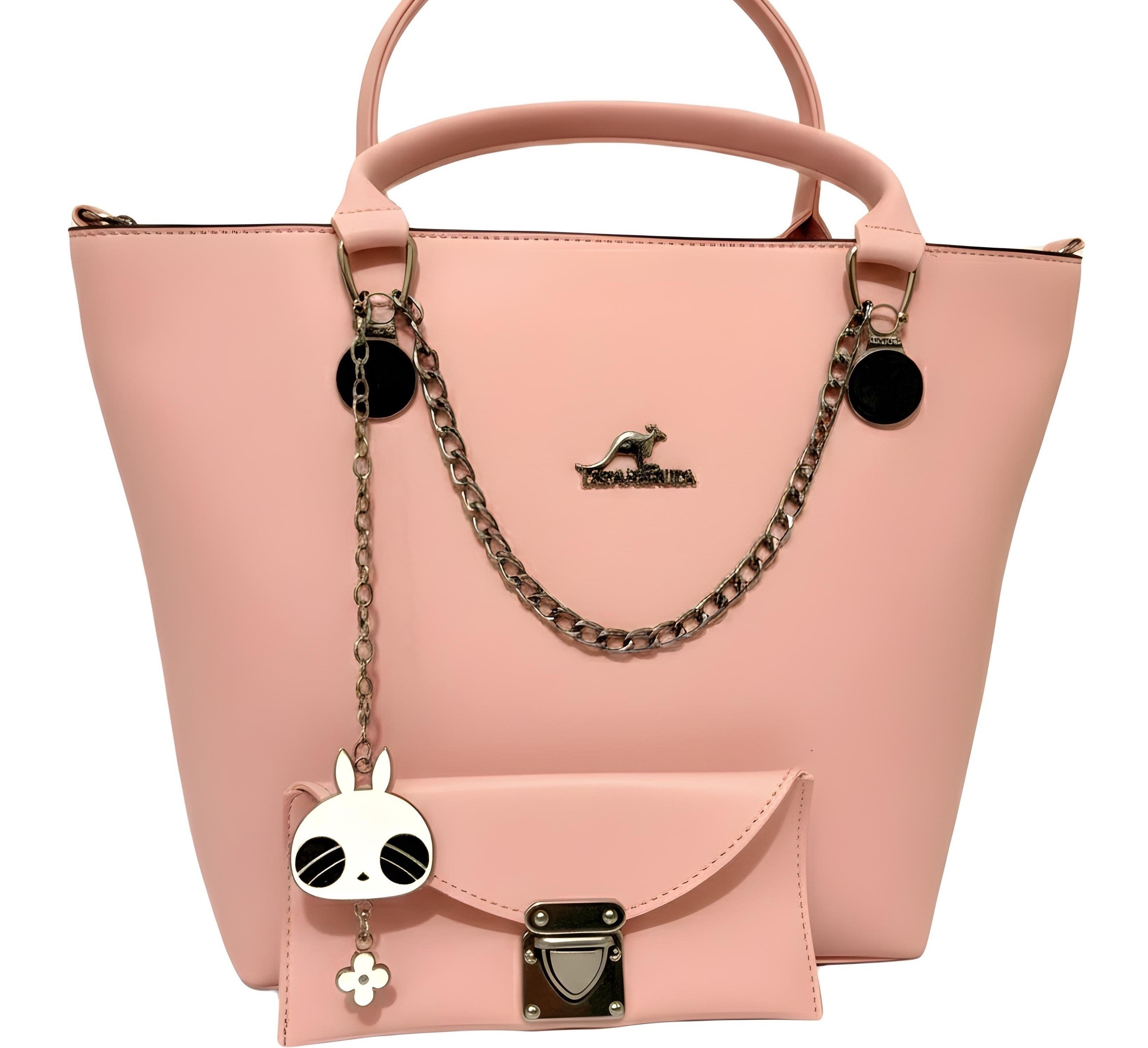 DSIAHAKULA Baby Pink handbag with a chain strap, a cute panda, and decorative pouch on a white background.