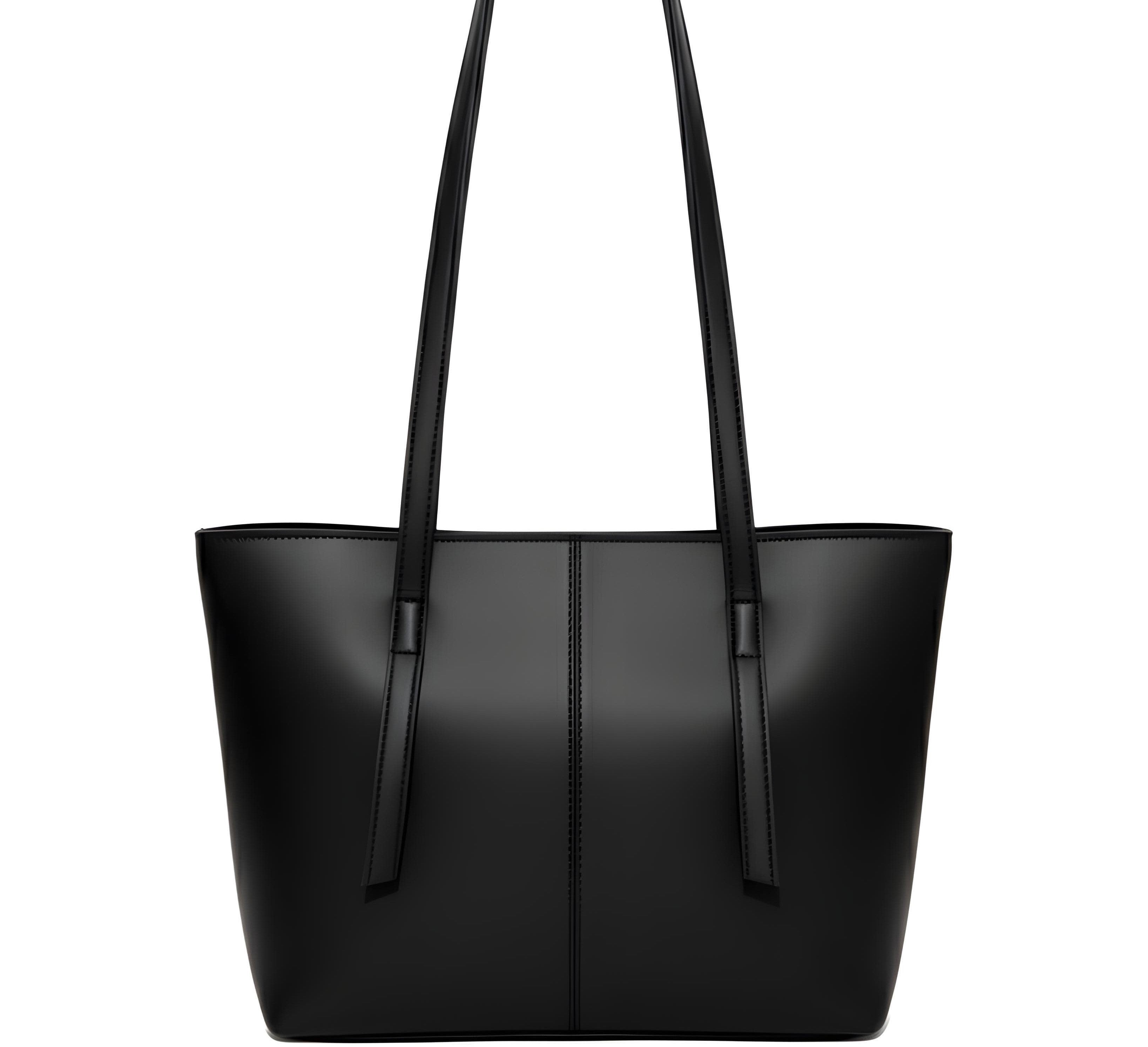 A sleek black leather tote bag with long strap, designed as a shoulder bag for ladies.