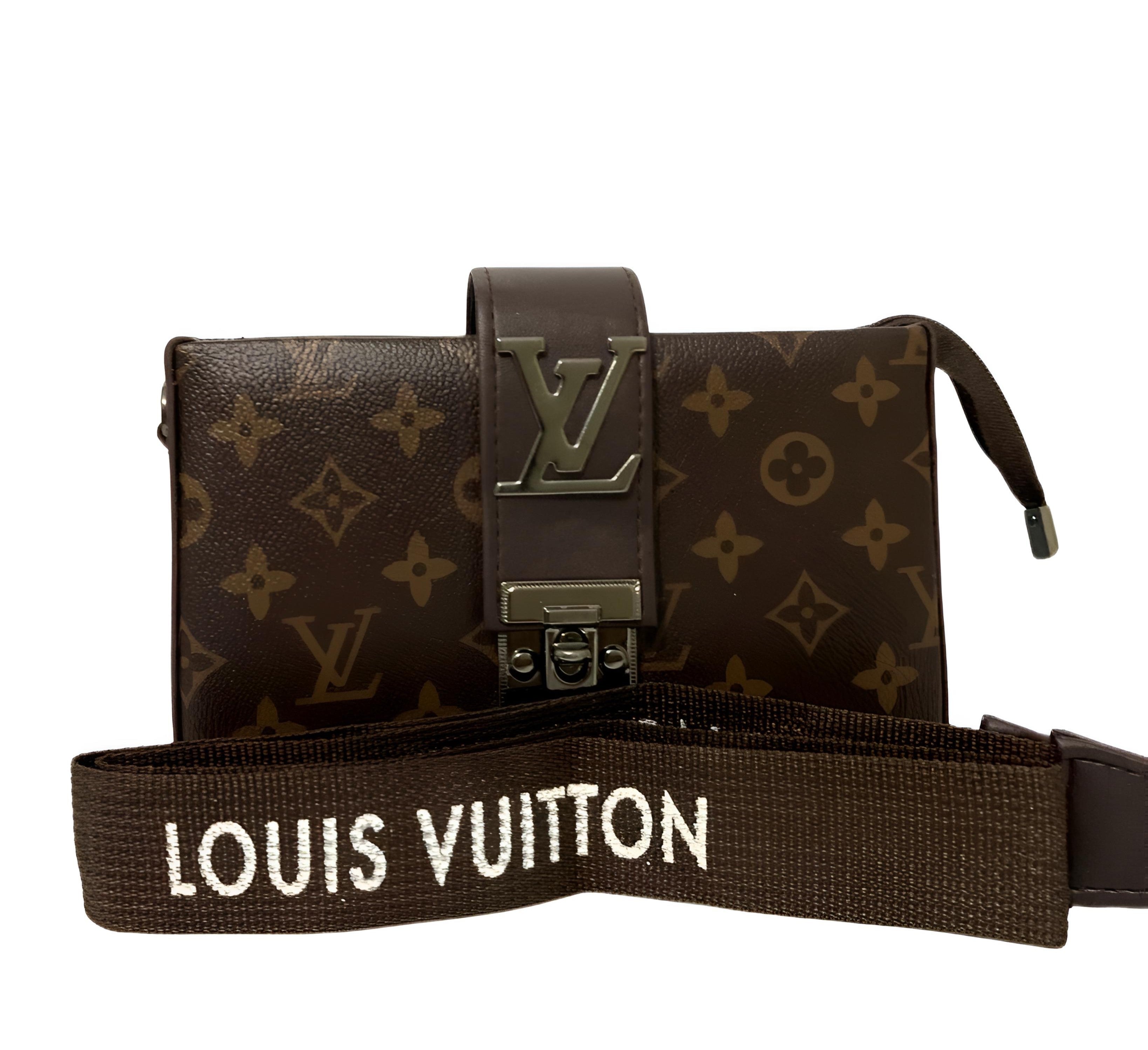 Brown Louis Vuitton monogram patterned belt bag with strap on a white background.