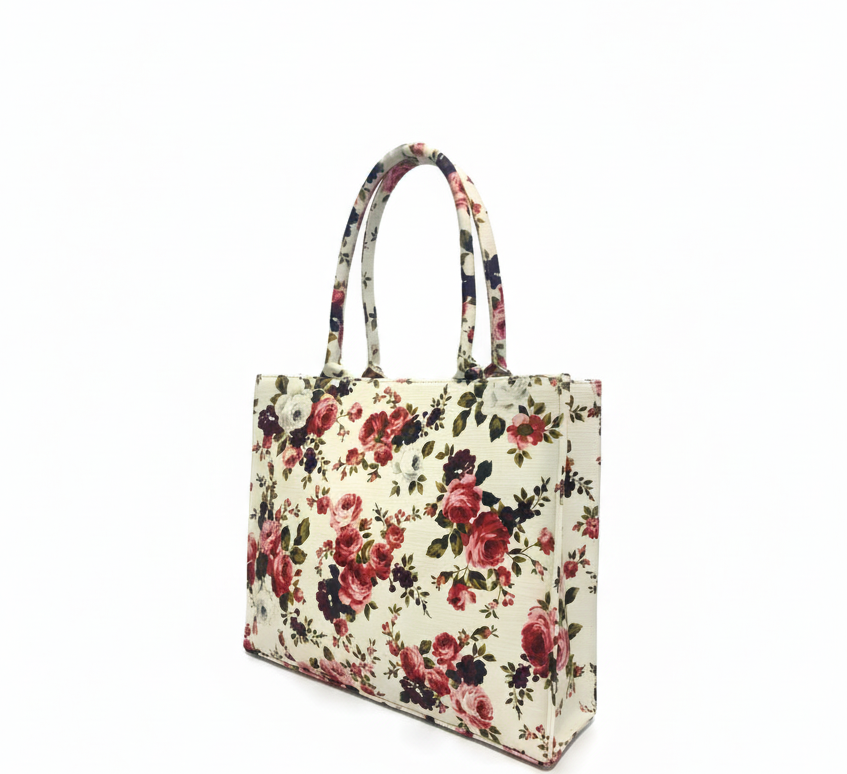 A floral canvas bag with a handle, designed as a tote or shoulder bag, featuring vibrant flowers and patterns, suitable for shopping or everyday use.