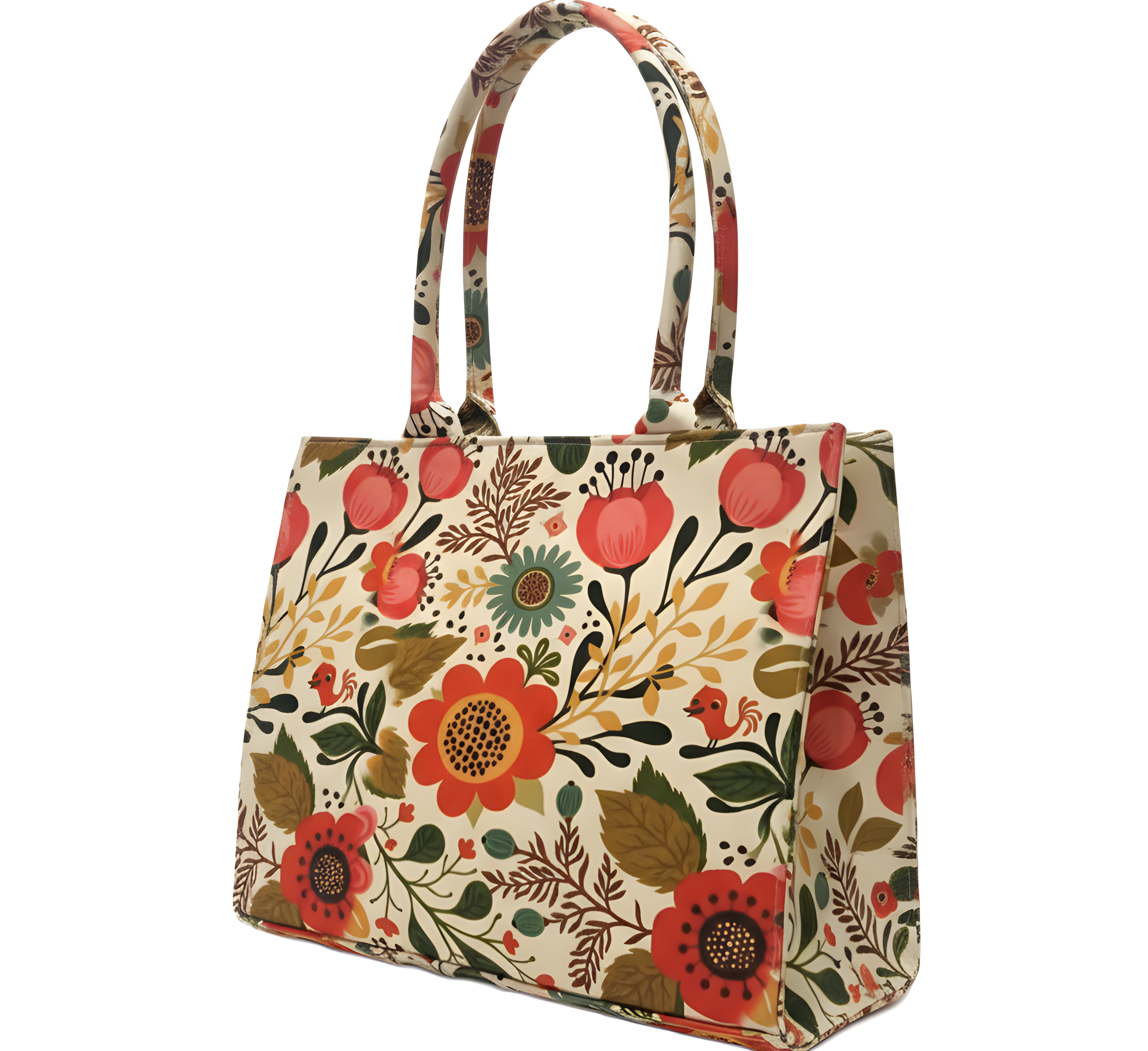 Colorful floral-patterned canvas tote bag with two handles, featuring vibrant flowers, leaves, and small birds on a light background.