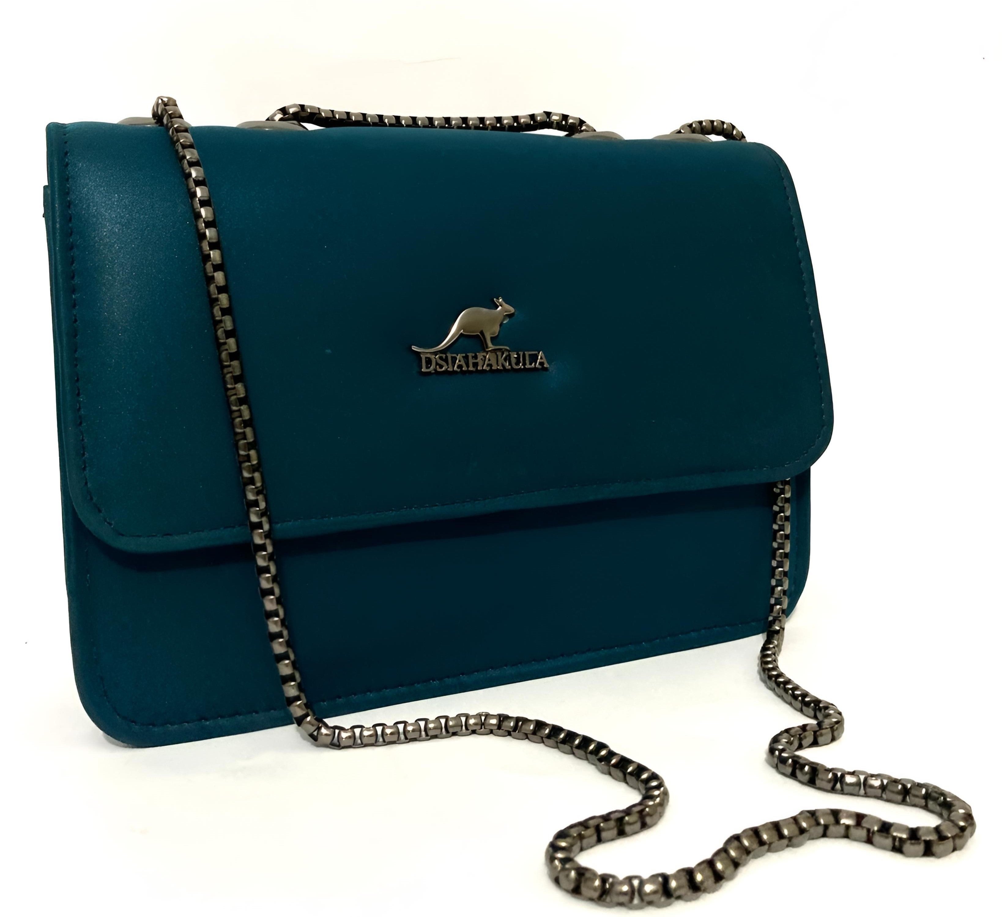 DSIAHAKULA Ladies Teal handbag with a chain strap on a white background