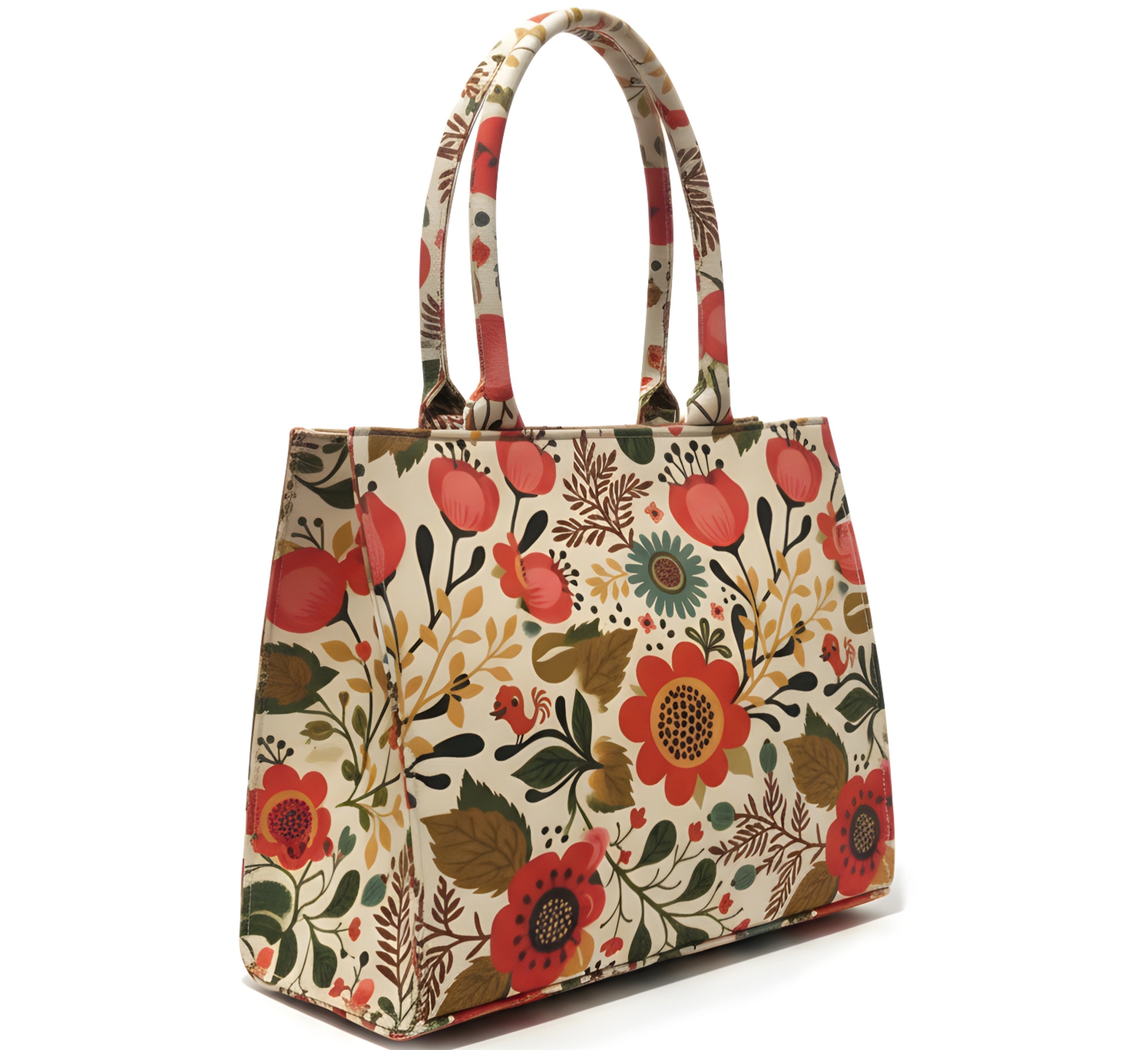 Cream canvas tote bag with vibrant floral patterns in red, pink, yellow, and green, featuring sturdy handles for easy carry.