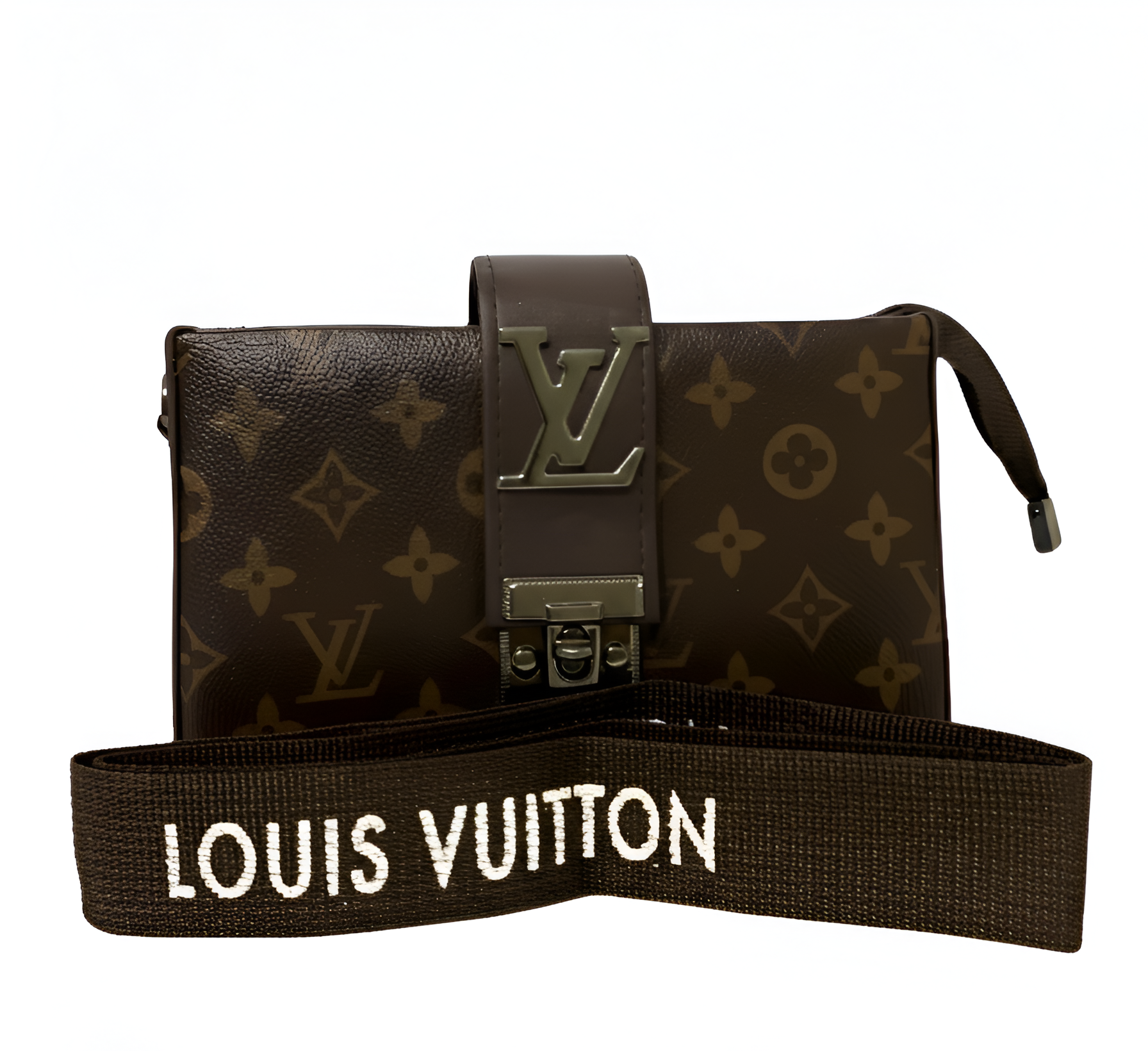 Louis Vuitton monogram patterned bag with belt and visible logo on a white background.
