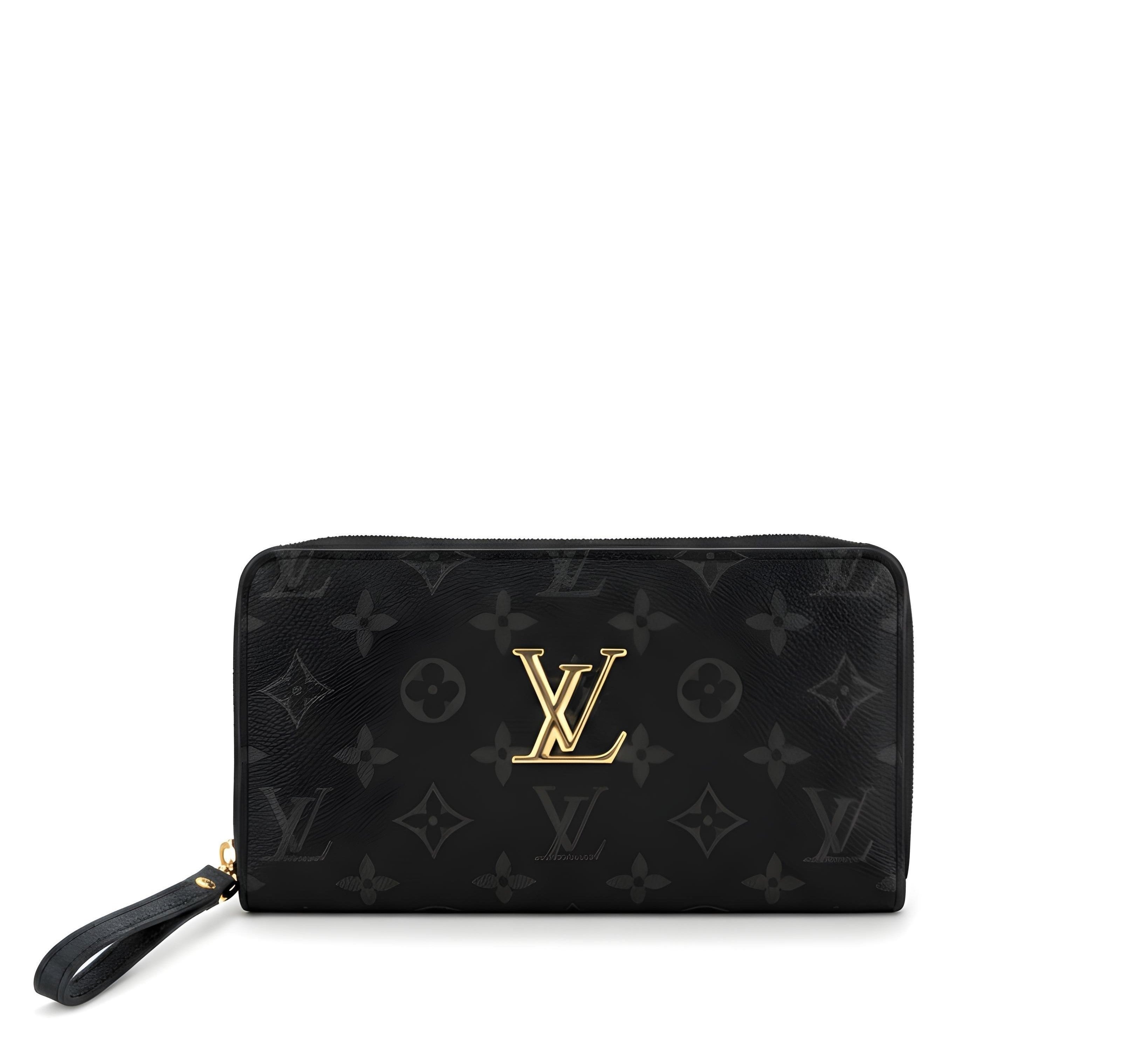 Black Louis Vuitton wallet with gold LV logo, featuring the brand's iconic monogram pattern on a textured surface.