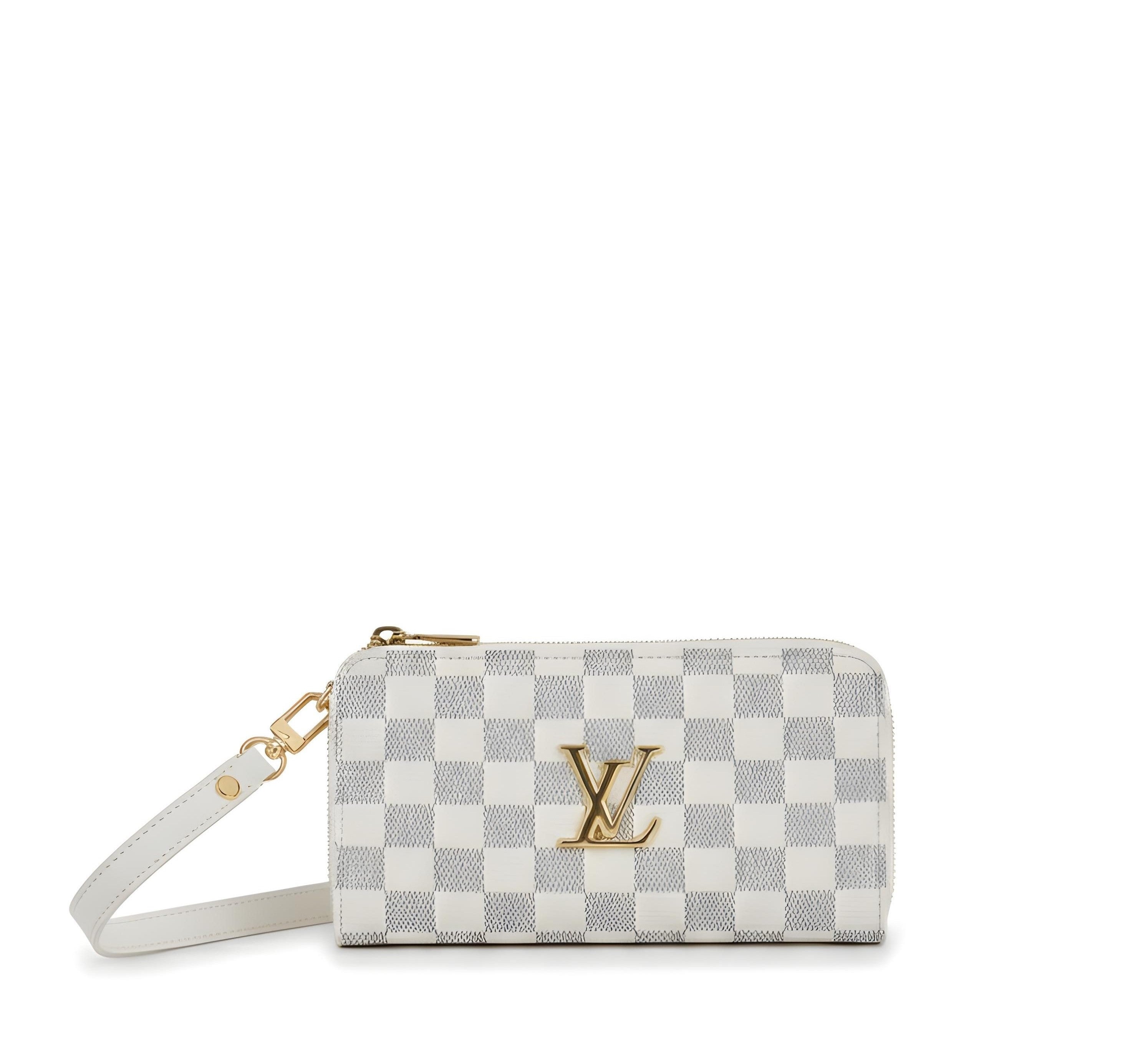 White and gray checkered Louis Vuitton wallet with gold logo and wrist strap, showcasing elegant and stylish design elements.