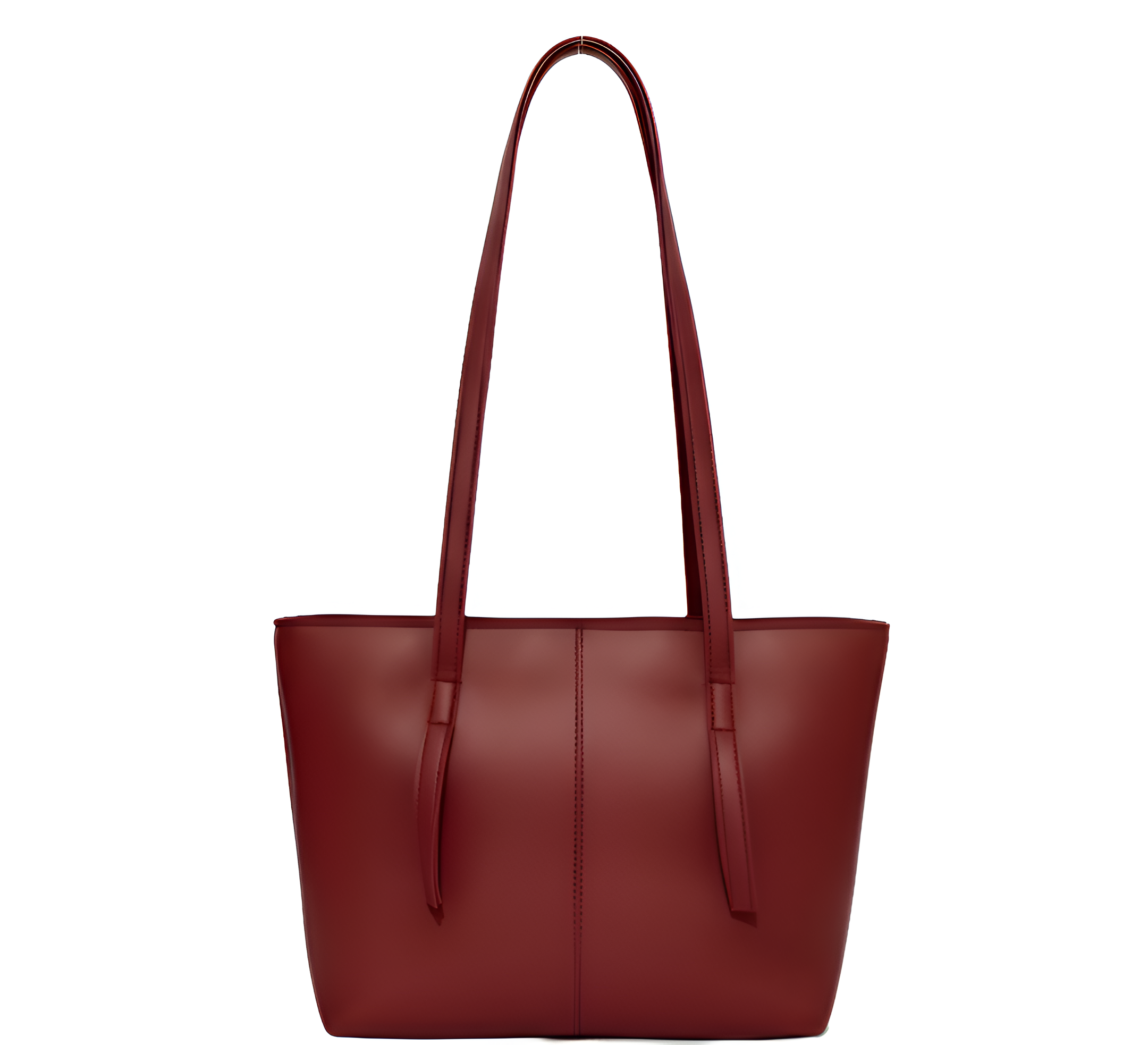 A minimalist, upright maroon leather tote bag with long shoulder straps is centered against a white background.