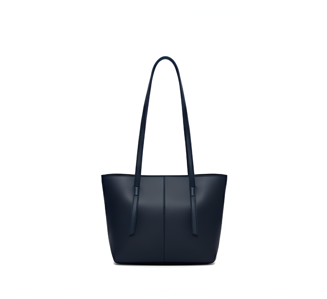 A navy blue leather tote bag with long handles, suitable for carrying as a handbag or shoulder bag, displayed against a white background.