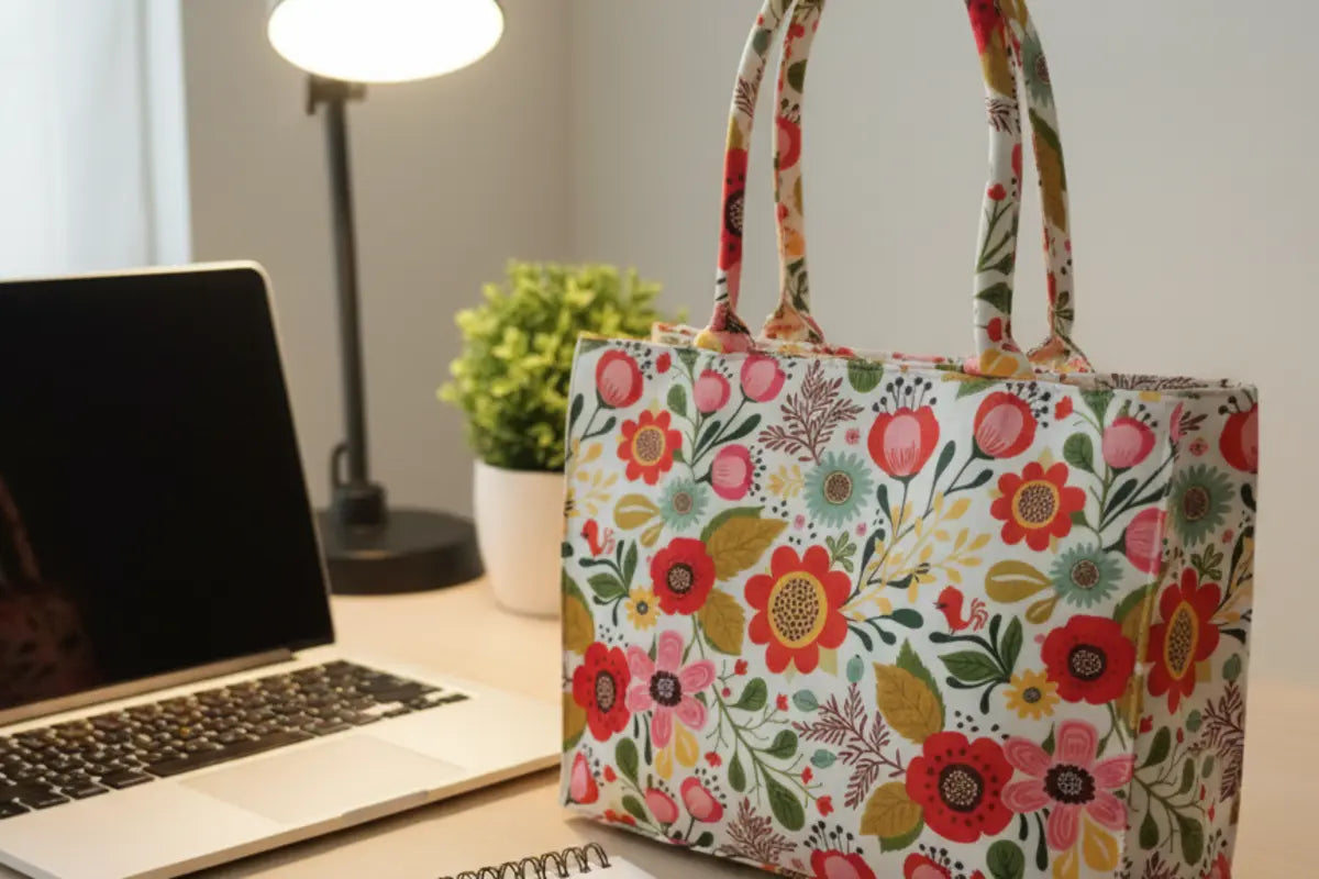 Floral-patterned tote bag on a desk next to a laptop