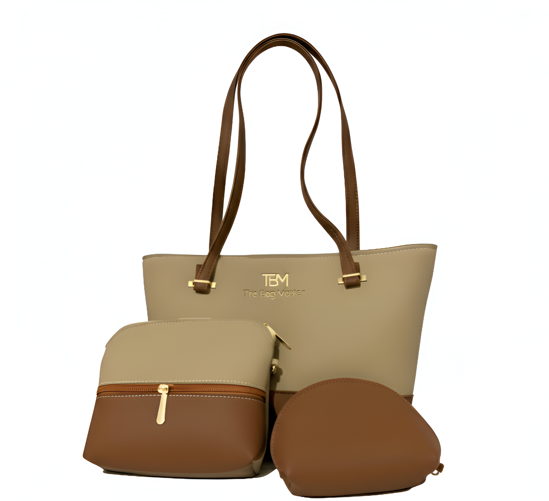 Beige and brown handbag set including a large tote, a medium pouch, and a small coin purse reflecting elegance. 
