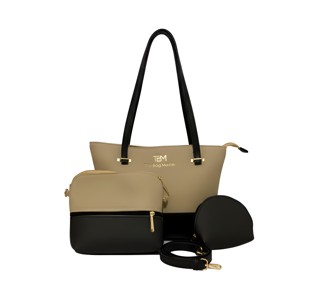 Elegant and stylish Beige and black handbag set includes a large tote with black handles, a medium crossbody, a small pouch, and a detachable strap.