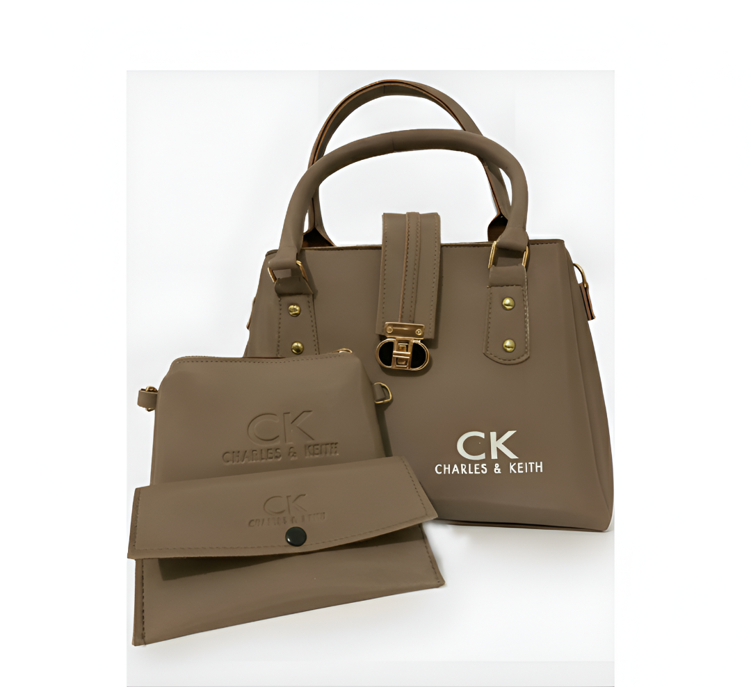 3 Piece stylish handbag, clutch and wallet with "CK CHARLES & KEITH". The items represent fashion and style.