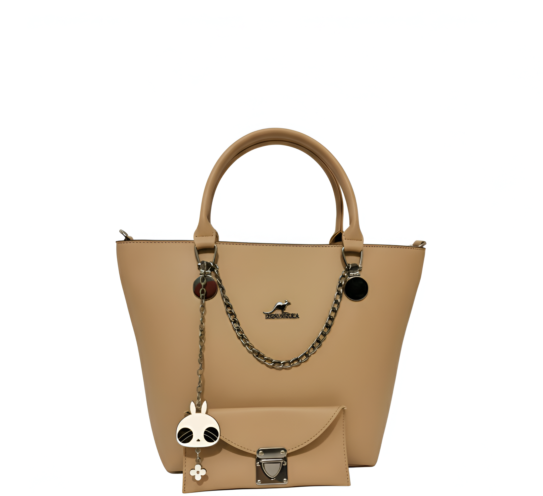 DSIAHAKULA 2-piece Beige women's tote bag set with matching pouch, metal chain handle, and cute panda keychain on a white background.