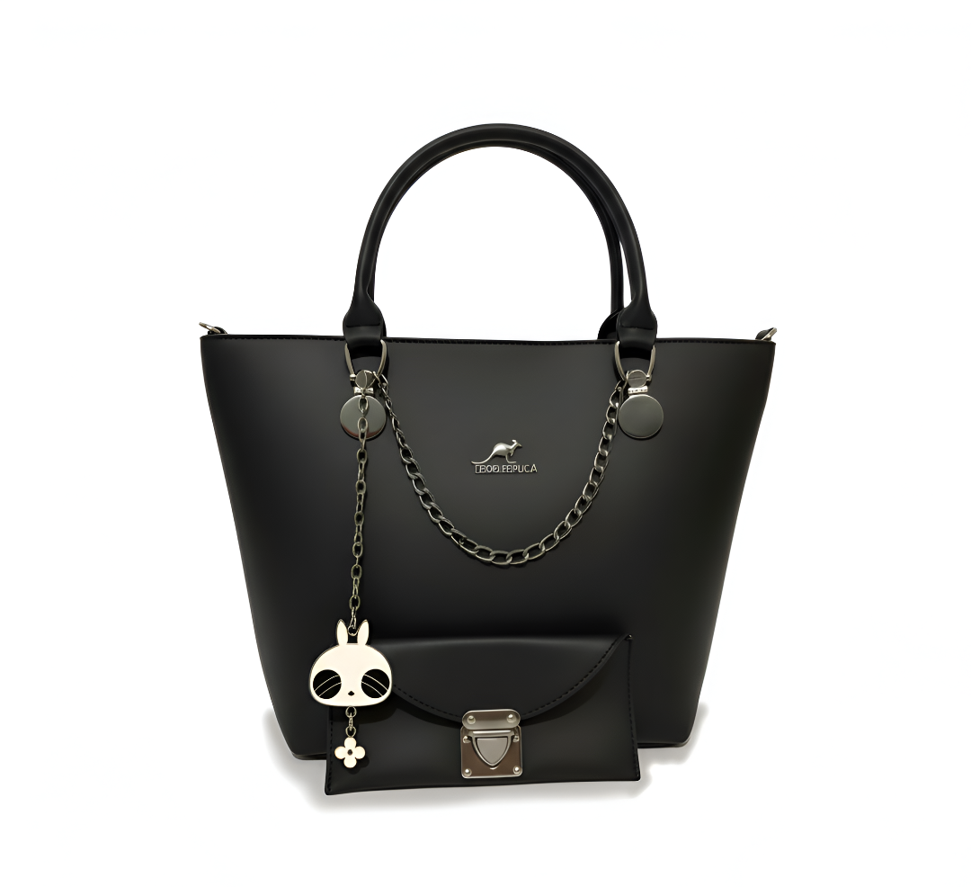 A stylish DSIAHAKULA black tote bag with a decorative panda keychain and a matching small wallet. The bag features sleek handles and a logo.