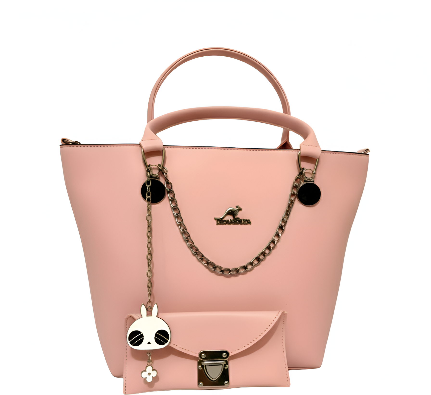 A stylish baby pink DSIAHAKULA handbag with round handles and a decorative chain. It features a cute panda charm and an attached small pouch. 