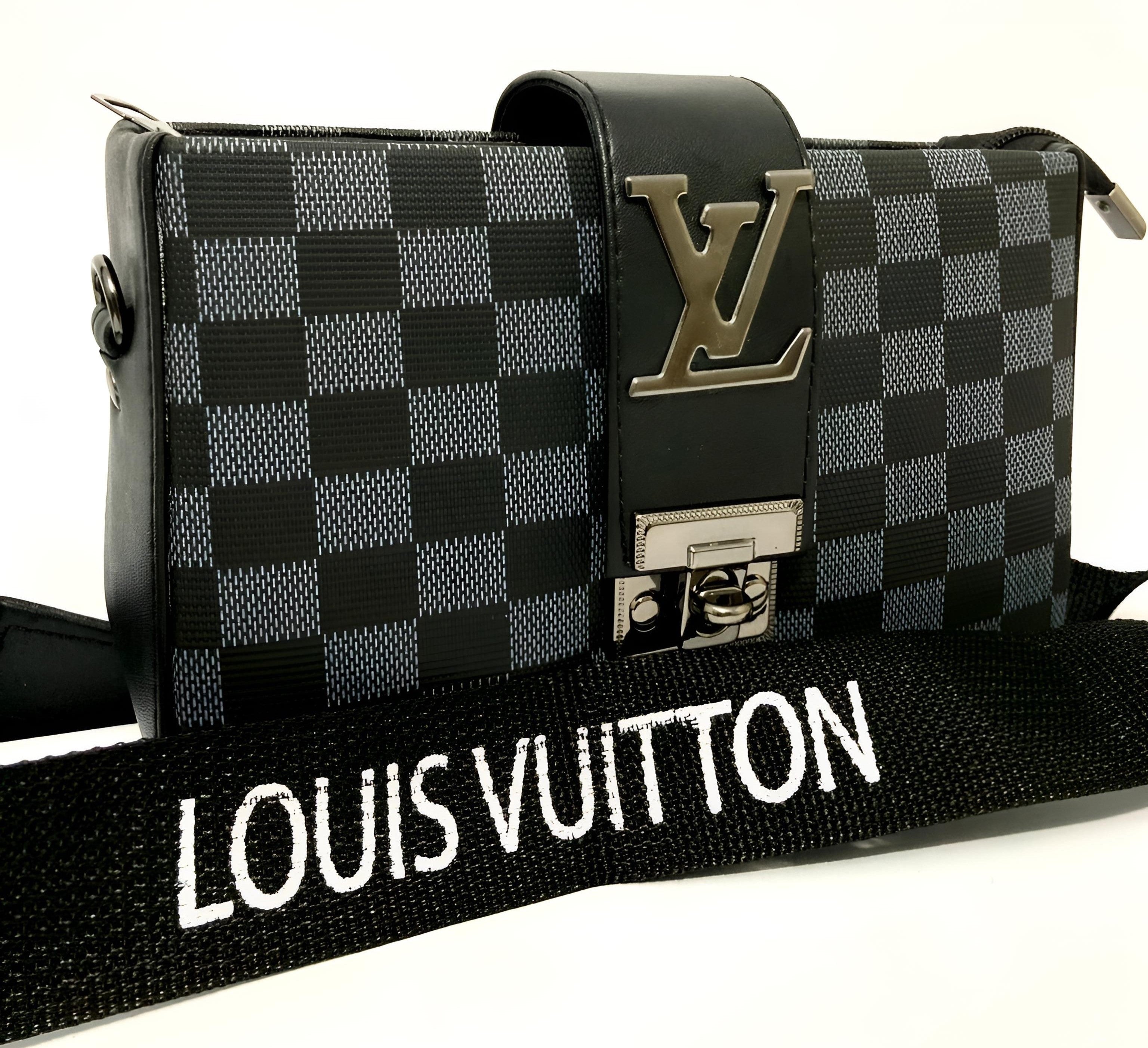 Louis Vuitton handbag with black and gray checkered pattern and brand logo on shoulder strap.