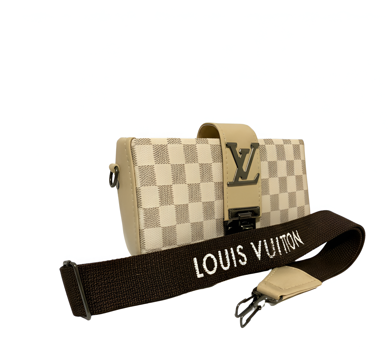 "Louis Vuitton" crossbody bag with checkered pattern and visible brand logo on a white background