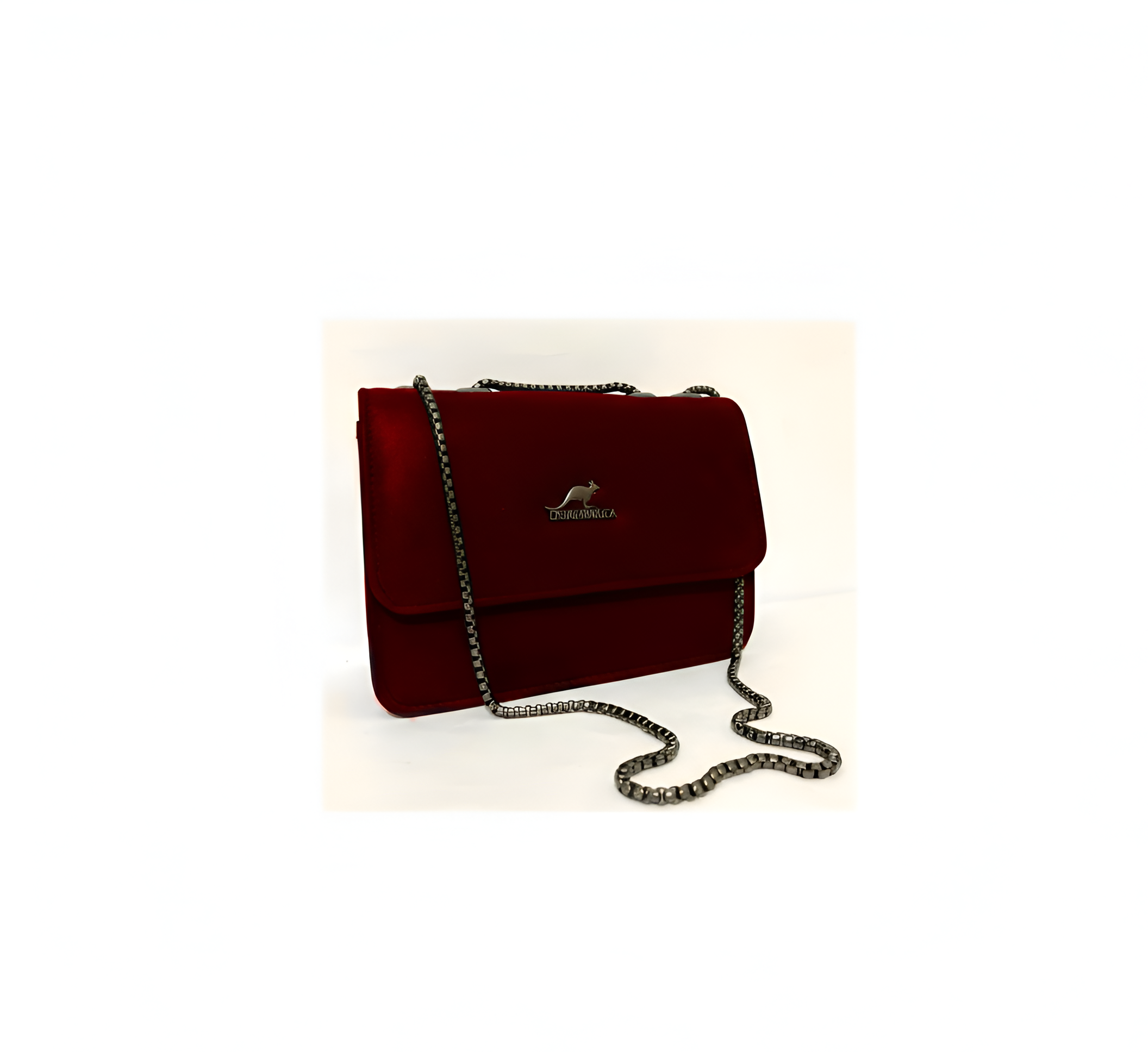 A stylish maroon crossbody bag with a silver chain strap and a DSIAHAKULA logo on the front.