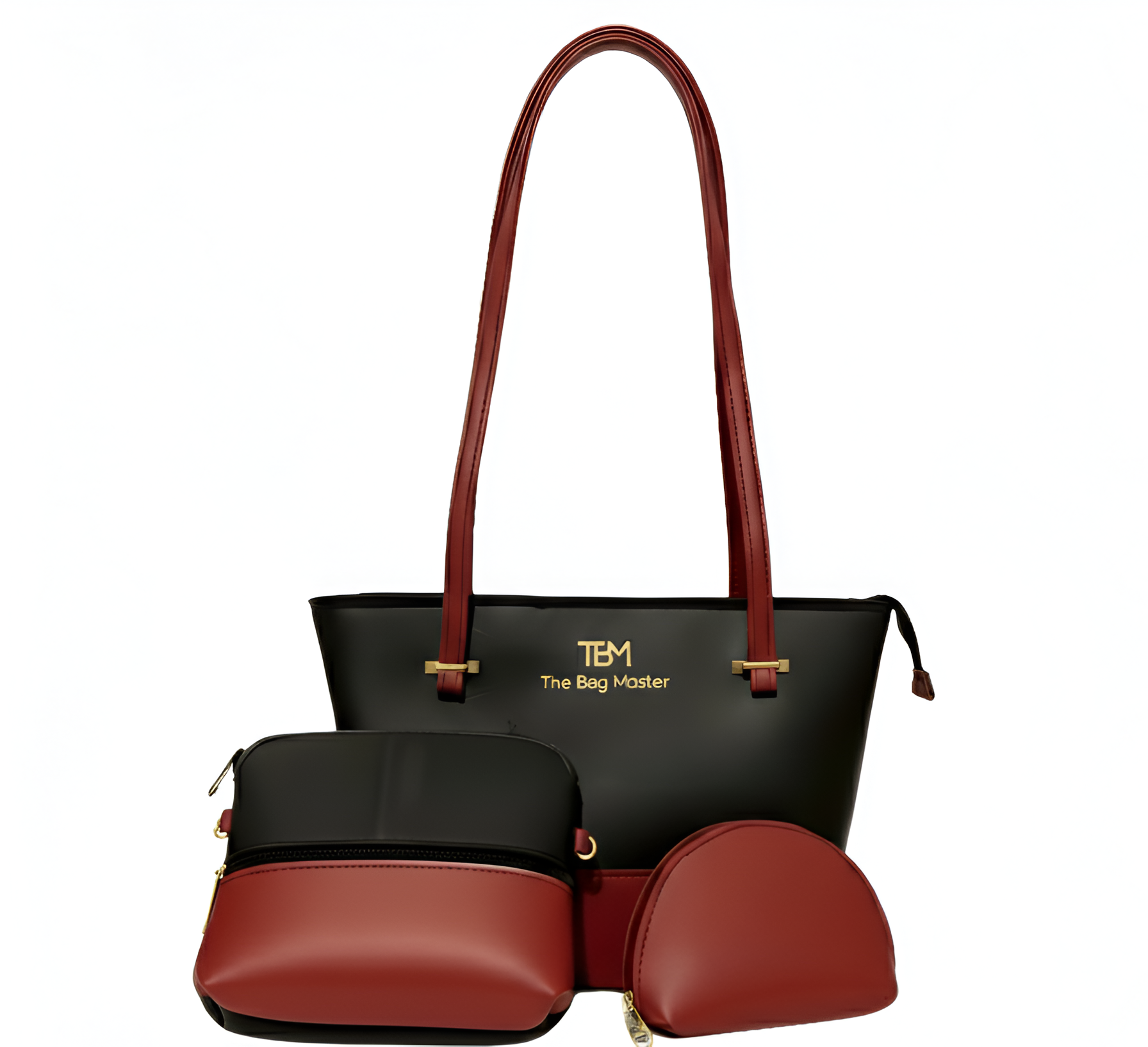 A stylish black tote bag with maroon straps, accompanied by two matching maroon and black pouches. Gold logo "TBM The Bag Master" on the tote.