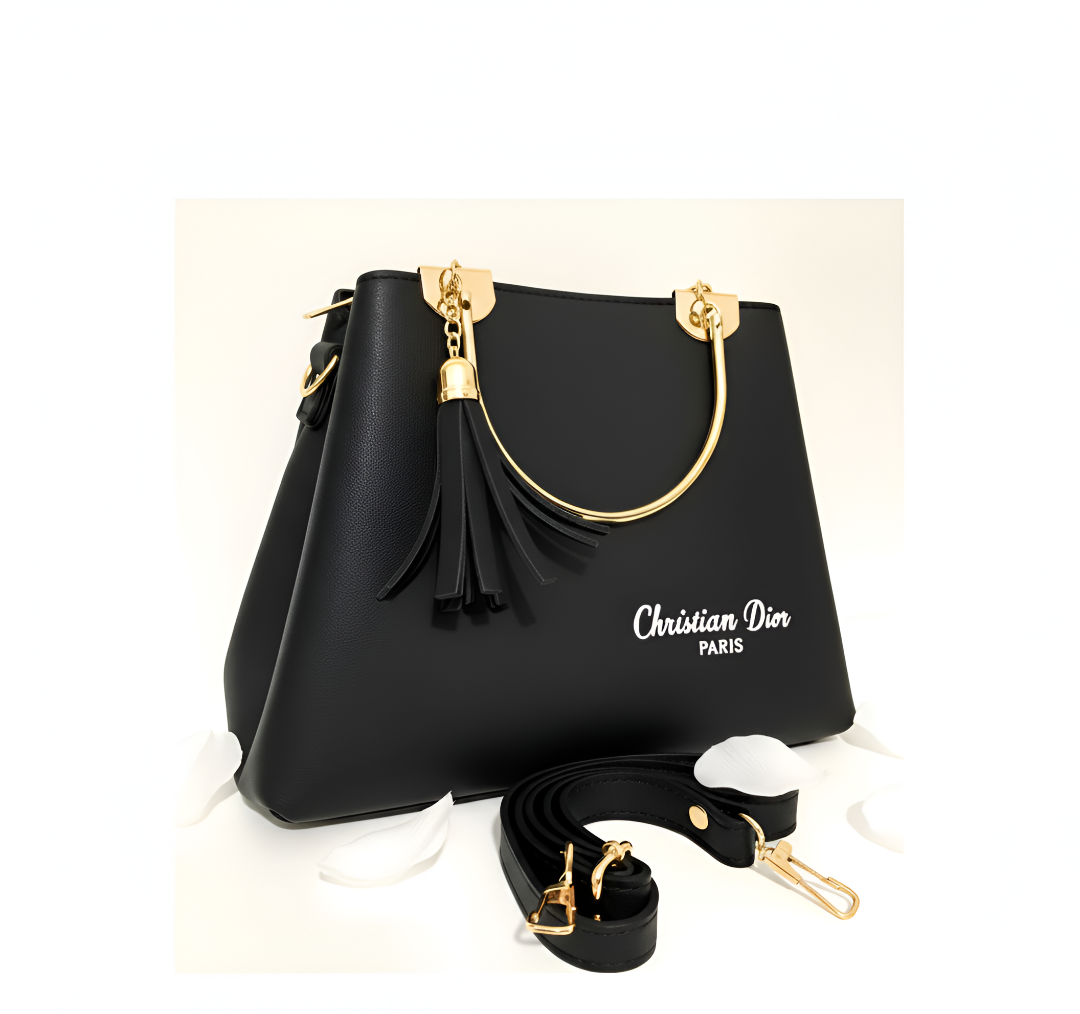 Stylish black handbag with matching strips. Featuring with tassels and gold handles.