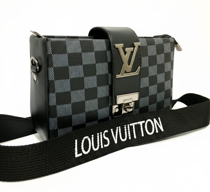 Louis Vuitton bag with black and gray checkered pattern and branding on the black shoulder strap on a white background