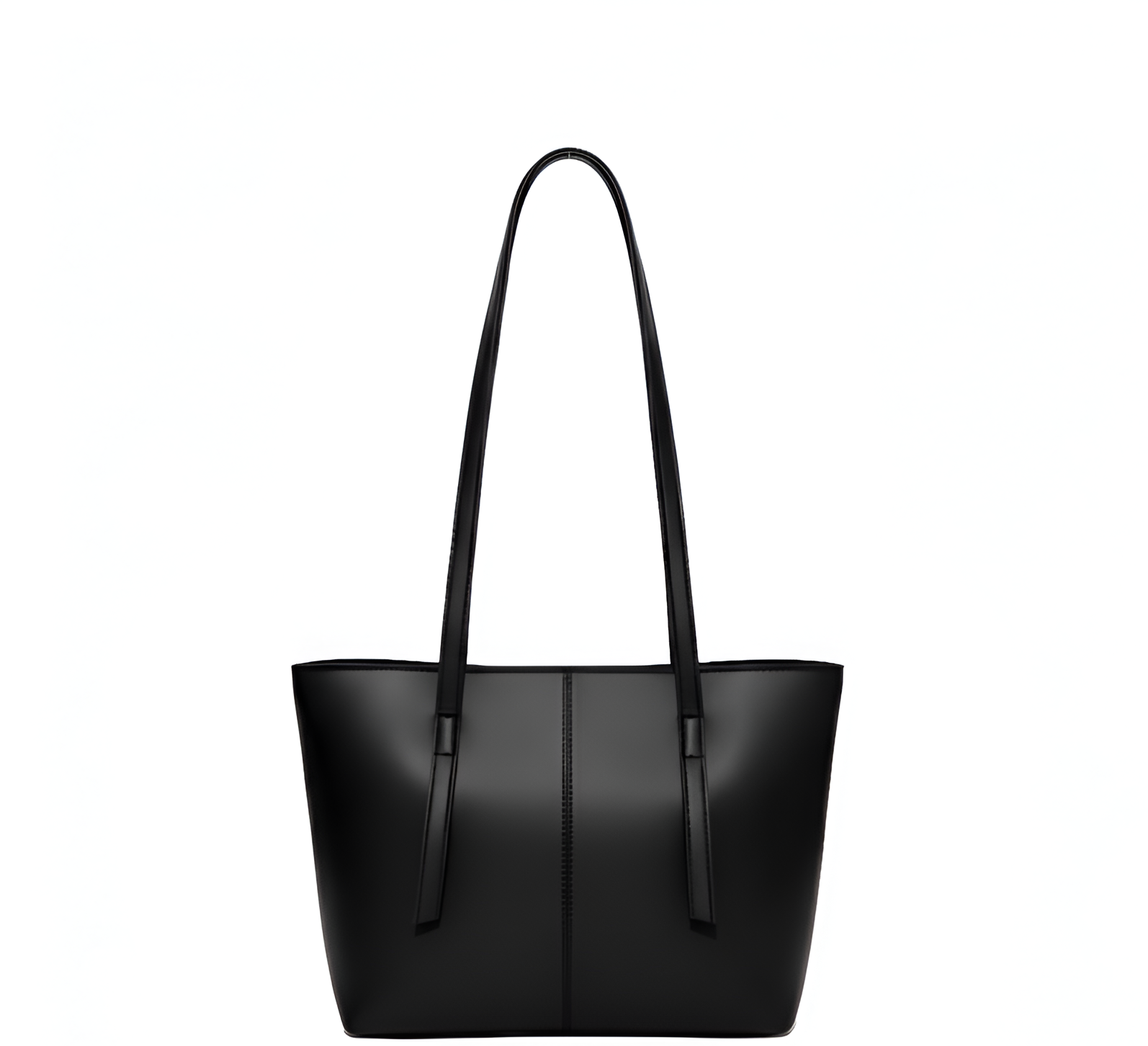 A black leather purse with a long handle, designed as a tote or shoulder bag 