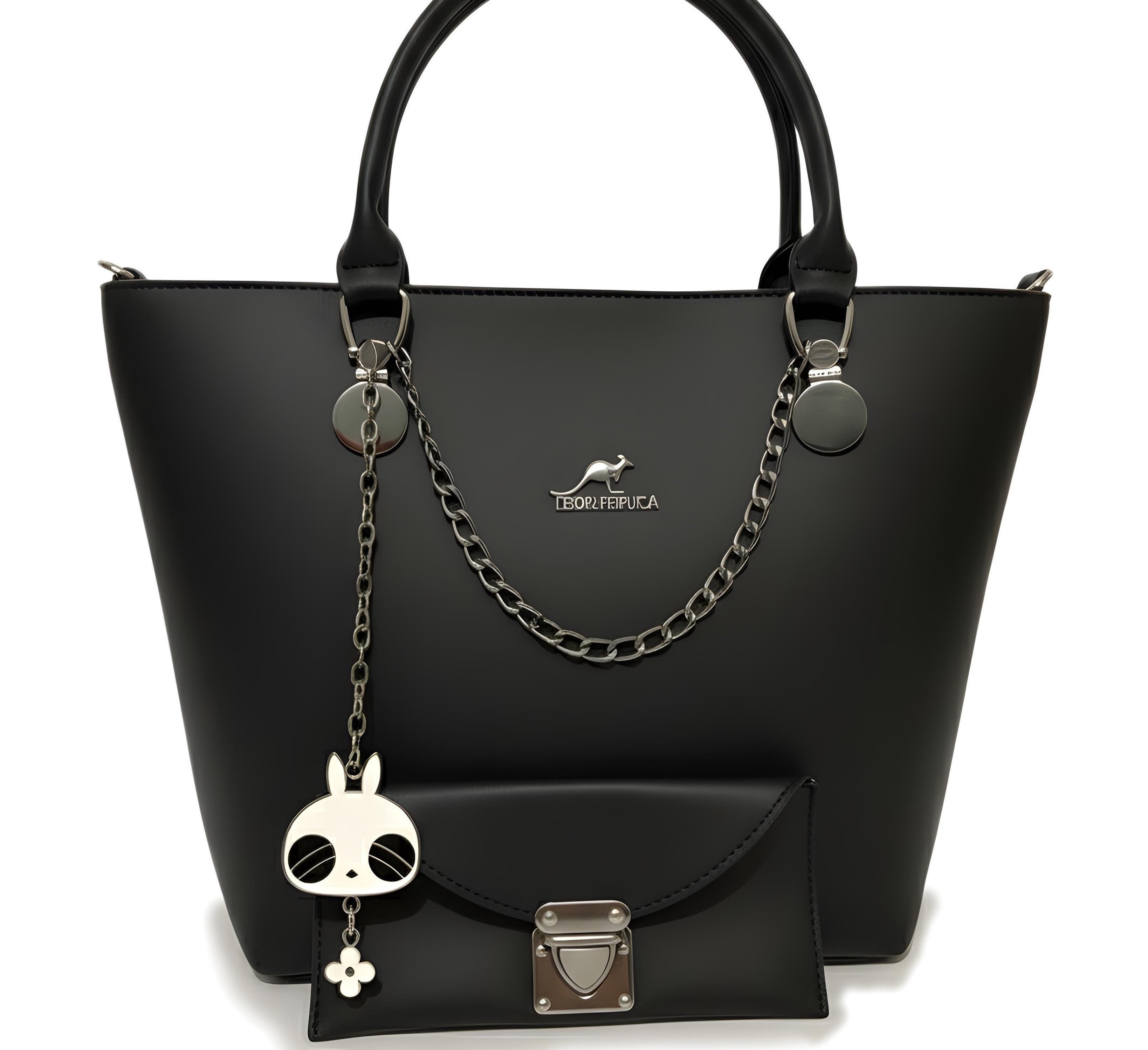 Black ladies handbag with a chain strap and decorative charm on a white background.