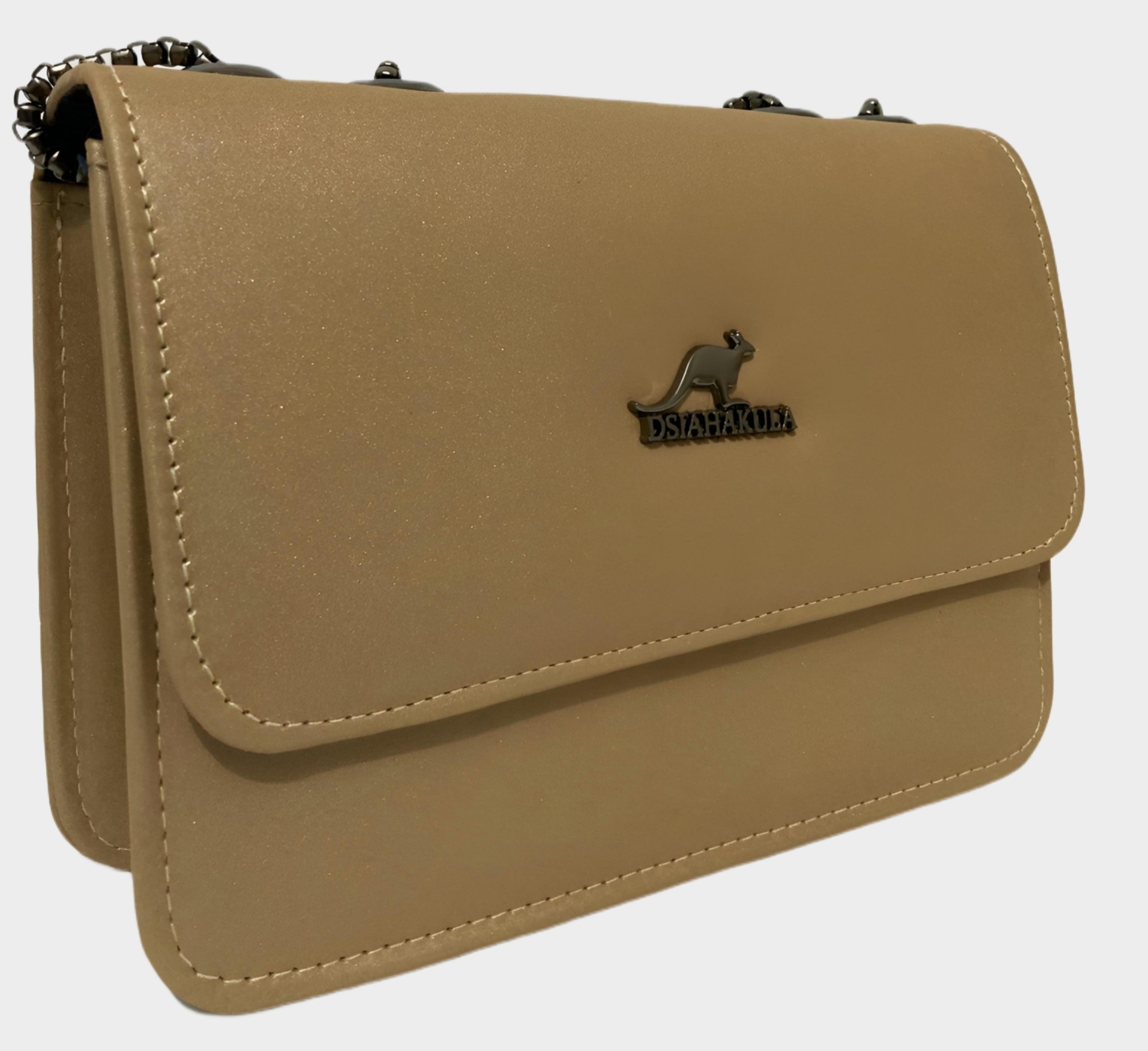 Beige handbag with a visible brand "DSIAHAKULA" logo on a white background