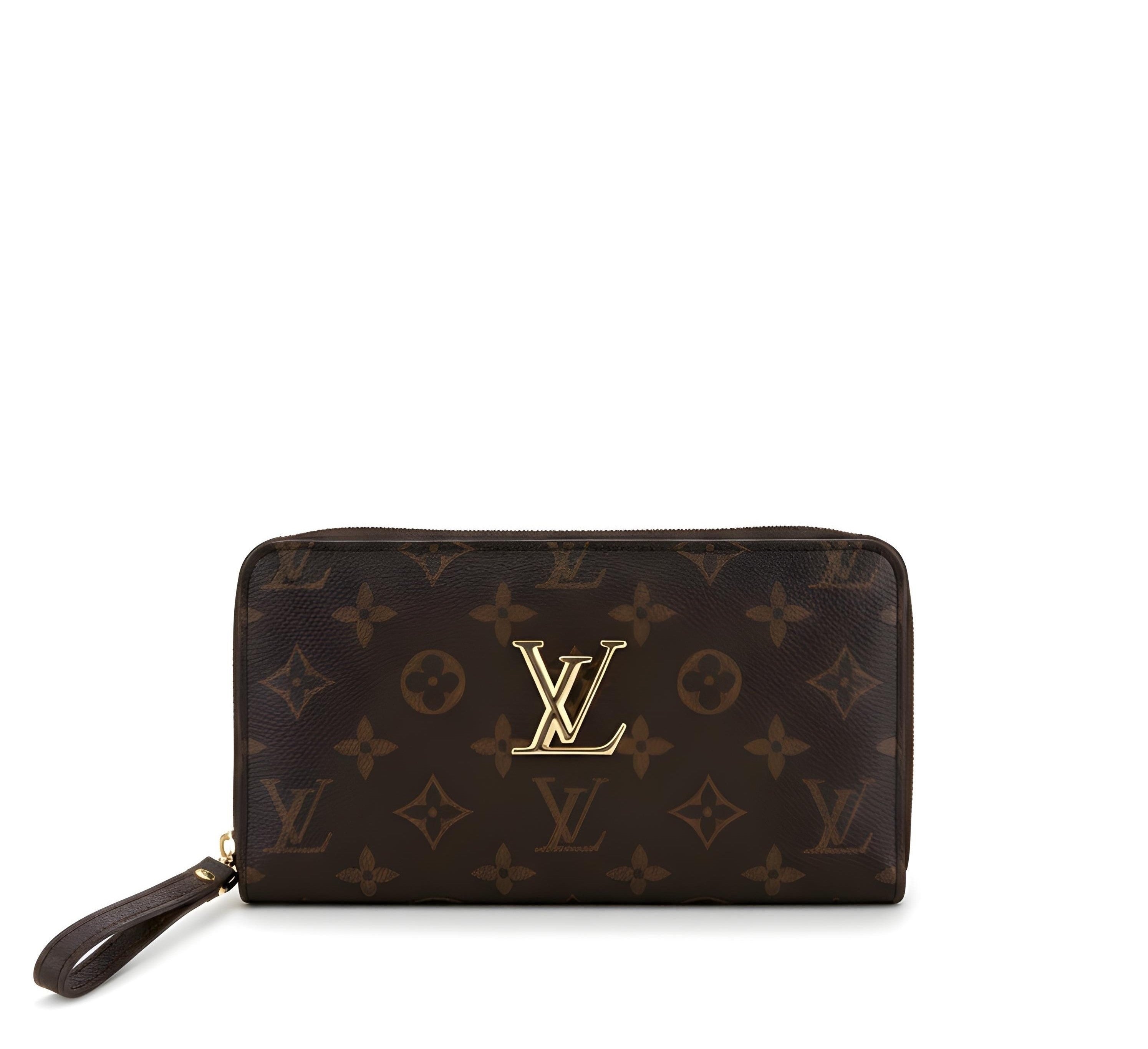 A Louis Vuitton monogram wallet in dark brown leather, featuring a prominent gold LV logo on the front.