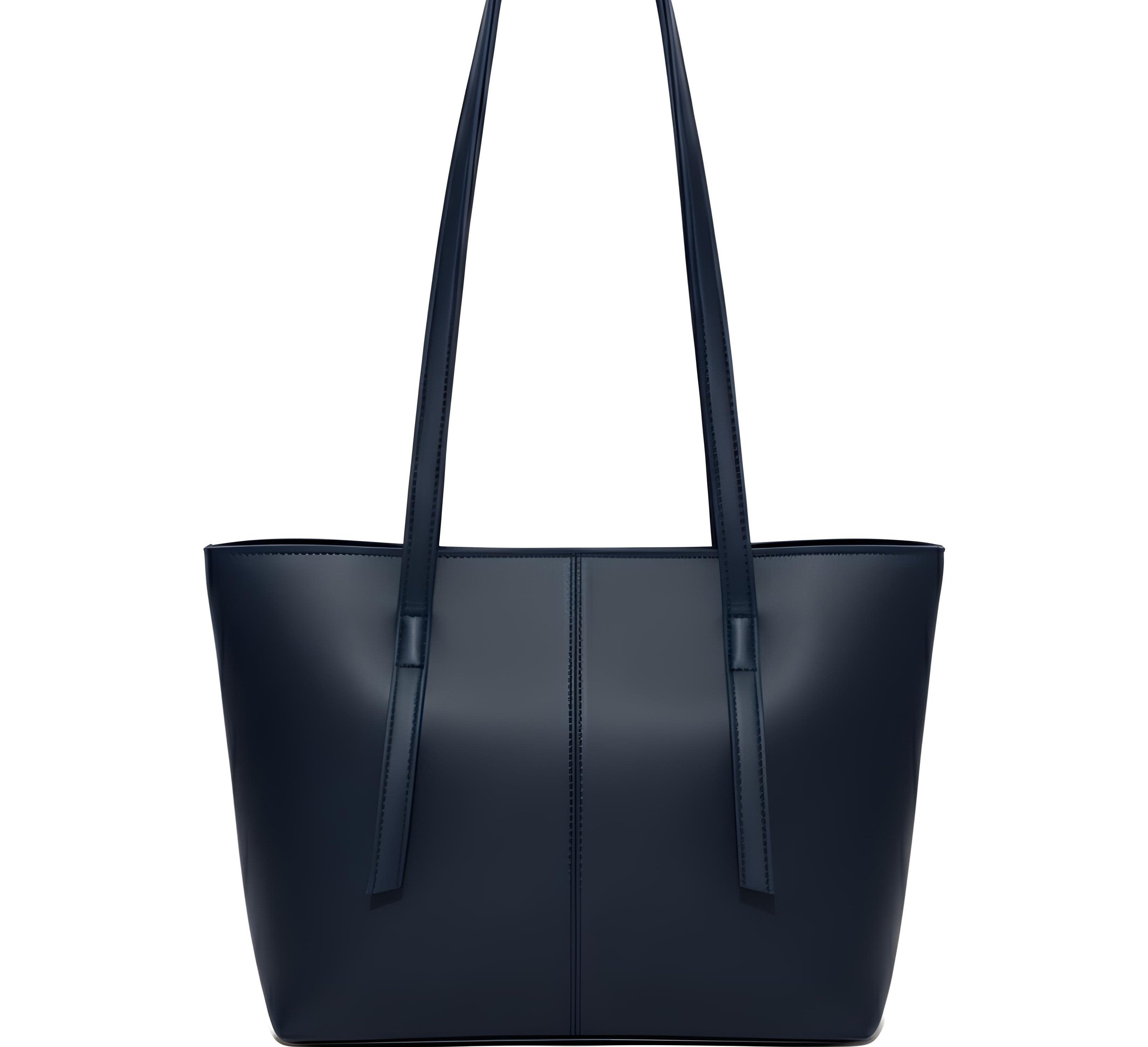 Navy blue leather tote bag with two long handles and a simple, sleek design, perfect for everyday use.